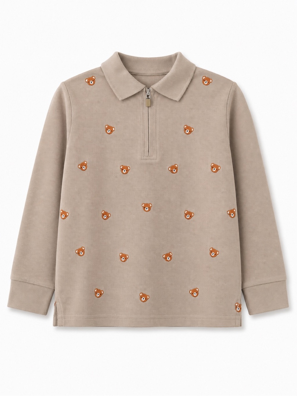 Kids Long-Sleeve Polo Top with Bear Embroidery - Taupe